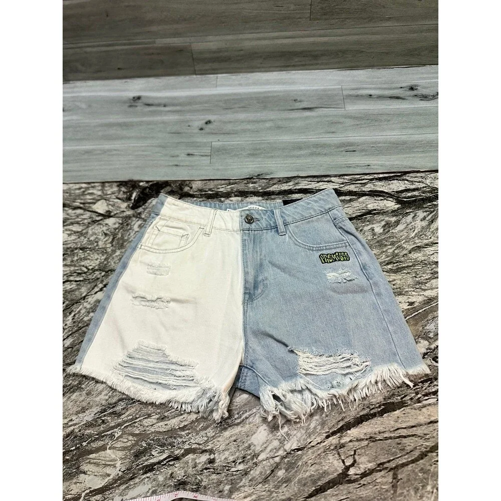 Broken Promises Two-Tone White & Light Blue Distressed Denim Shorts